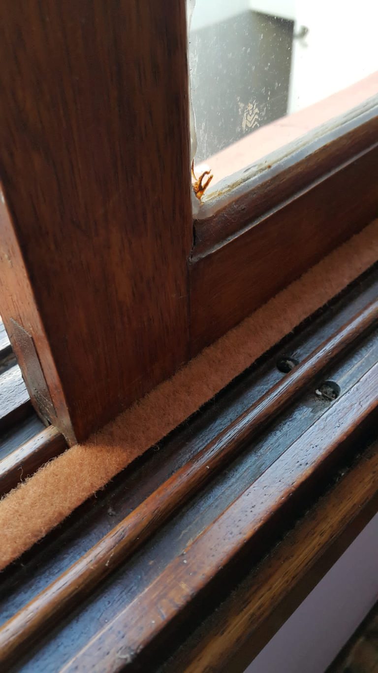 Imagen de una ventana corrediza de madera barnizada. En la imagen se observa claramente el burlete de fieltro naranja claro proporcionando aislamiento entre las dos partes de la ventana. El aislamiento es visible en el riel central donde la ventana ausente revela el burlete de fieltro que se extiende a lo largo del riel inferior.